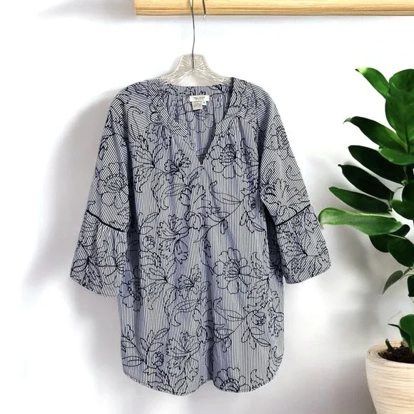 Tru Luxe Jeans XL Top Striped Floral Embroidered Pullover Boho-Chic Blouse - Picture 1 of 14